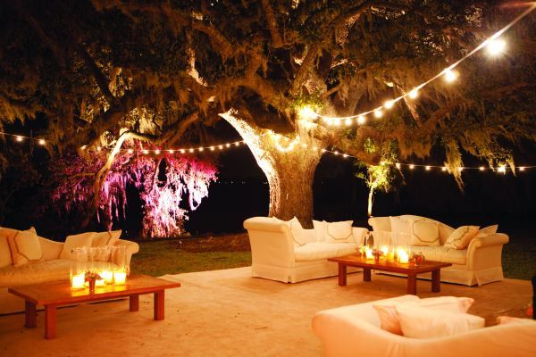 Outdoor Lounge with globe lights